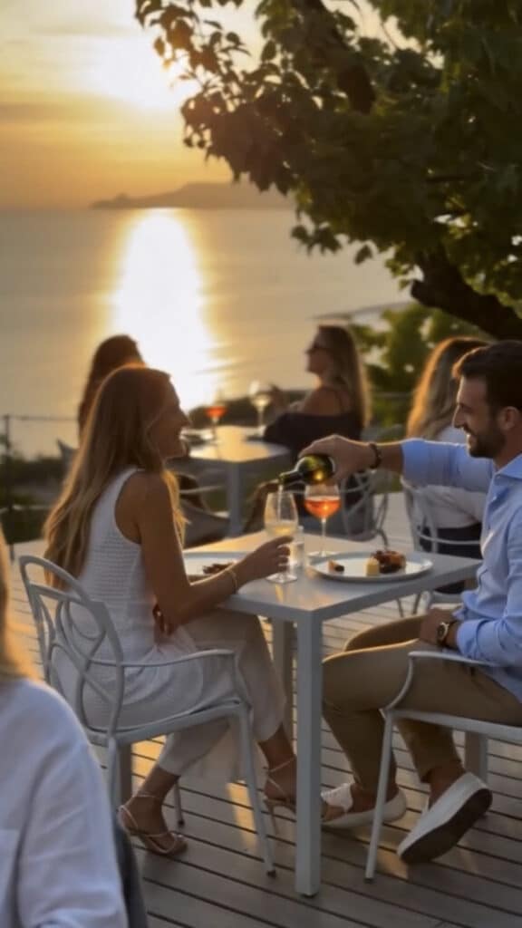 Coppia durante l'aperitivo al tramonto con vista mare su Portofino al Sunset Cafe di Villa Riviera Resort